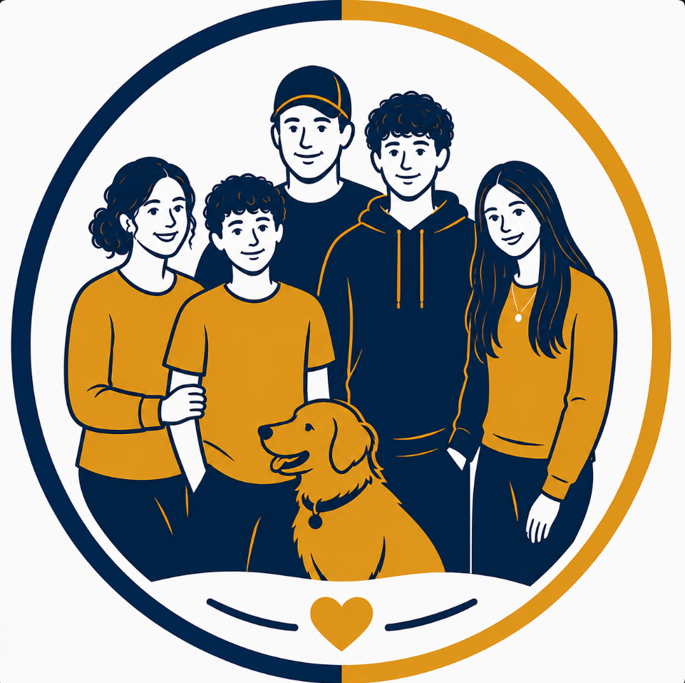 Illustration of a Saline family with their golden retriever